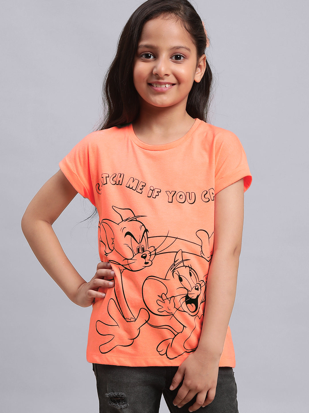 Kids Girls Tom Jerry Neon Orange T Shirt Kidsville