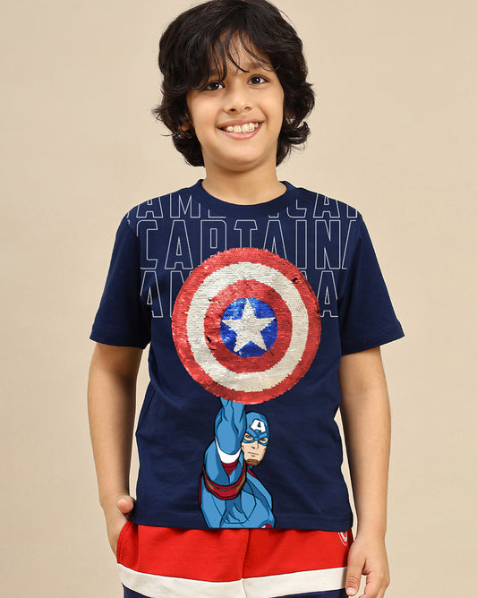 Captain America Regular Fit Crew Neck Blue Tshirt For Kids Boys