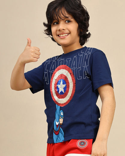 Captain America Regular Fit Crew Neck Blue Tshirt For Kids Boys