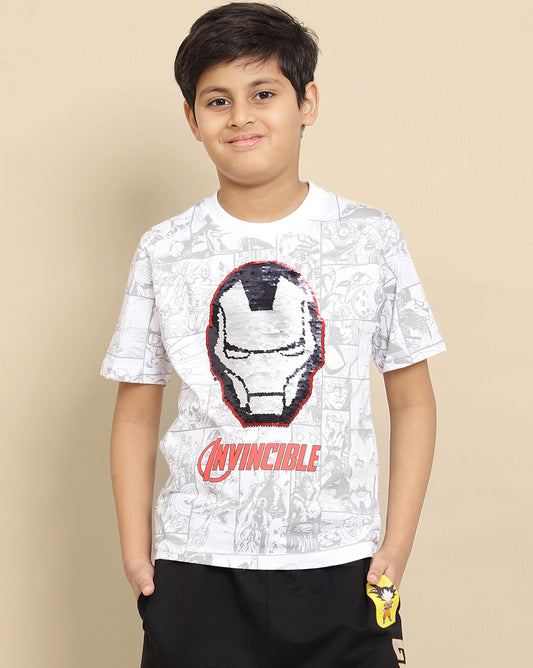 Iron Man Printed  Reversible Sequin Regular Fit Tshirt For Boys