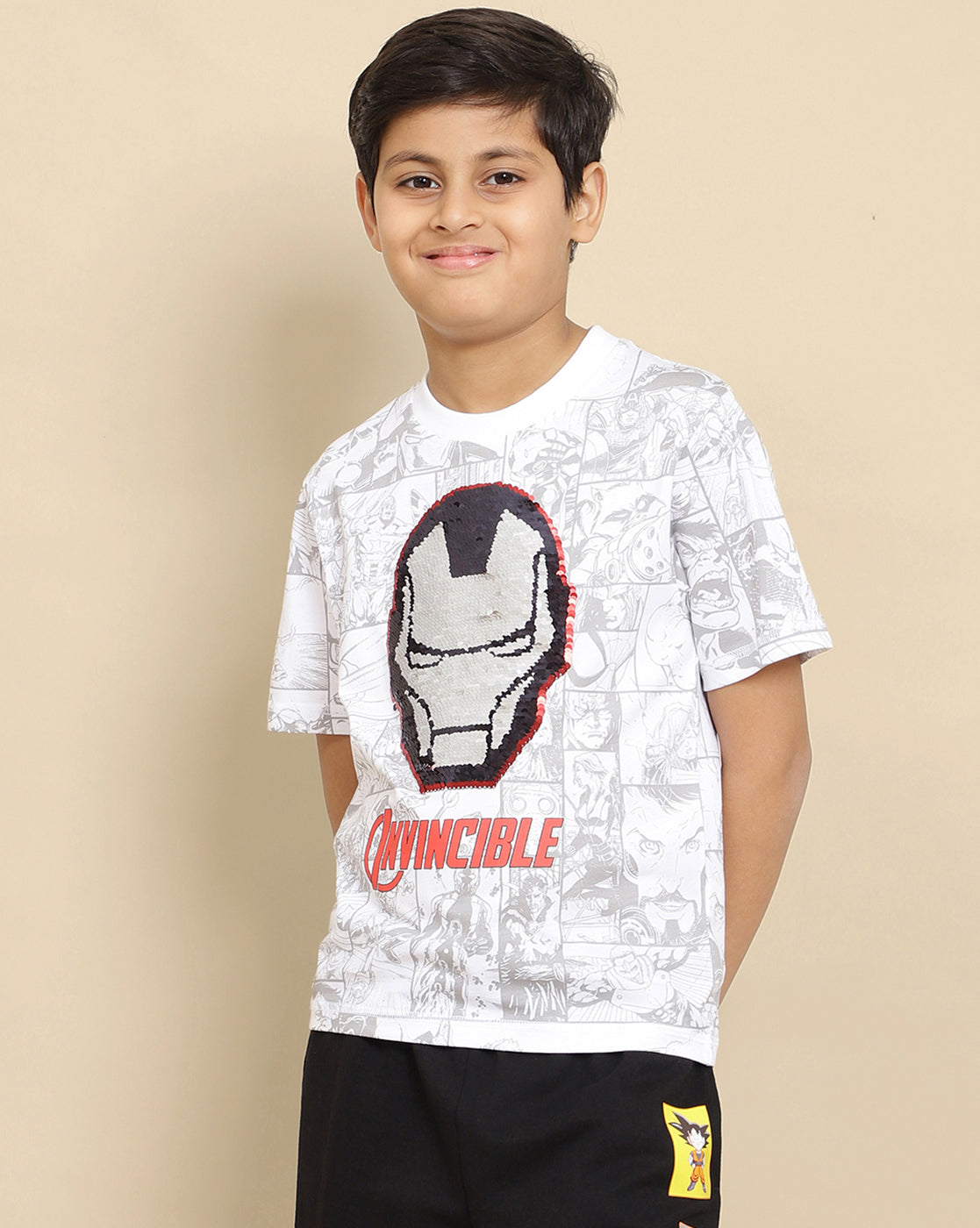 Iron Man Printed  Reversible Sequin Regular Fit Tshirt For Boys