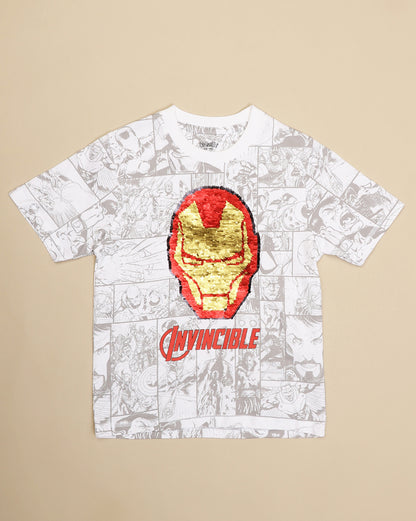 Iron Man Printed  Reversible Sequin Regular Fit Tshirt For Boys