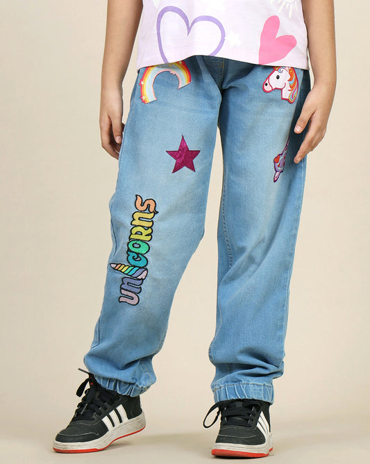 Kidsville Printed Regular Fit Denim Jogger For Girls