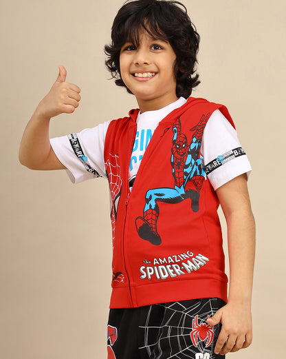 Spiderman Printed Hooded & Round Neck Tshirt Set For Boys