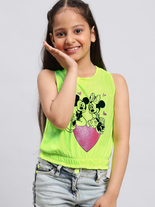 Kids Girls Mickey And Friends Neon Green Sleeveless T-Shirt Top