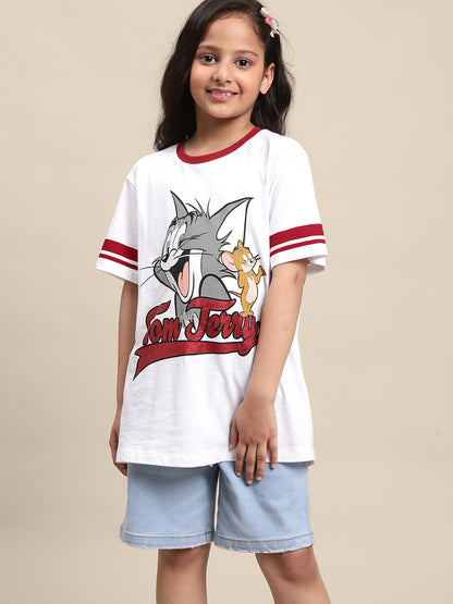 Tom & Jerry White Oversized Fit Tshirt For Girls