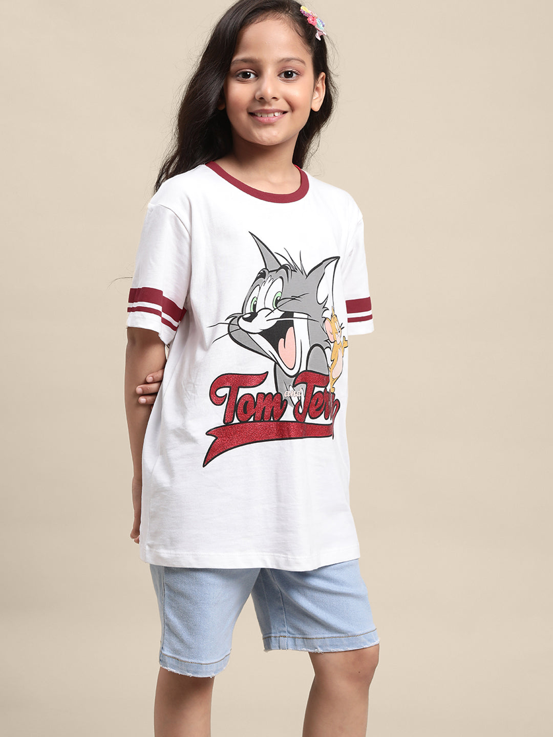 Tom & Jerry White Oversized Fit Tshirt For Girls