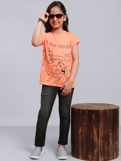 Kids Girls Tom & Jerry Neon Orange T-Shirt