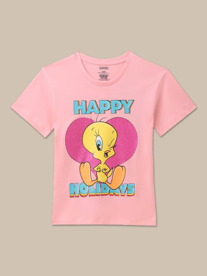 Looney Tunes Printed Pink Tshirt For Girls