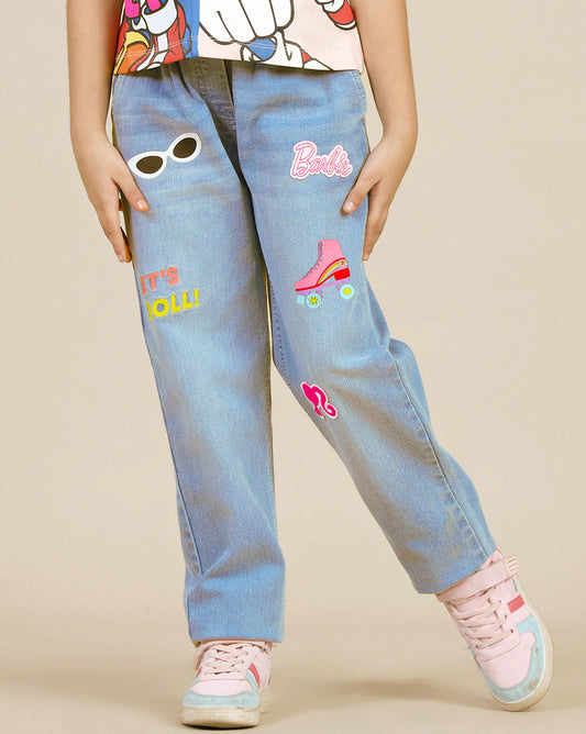 Barbie Printed Denim Jogger For Girls