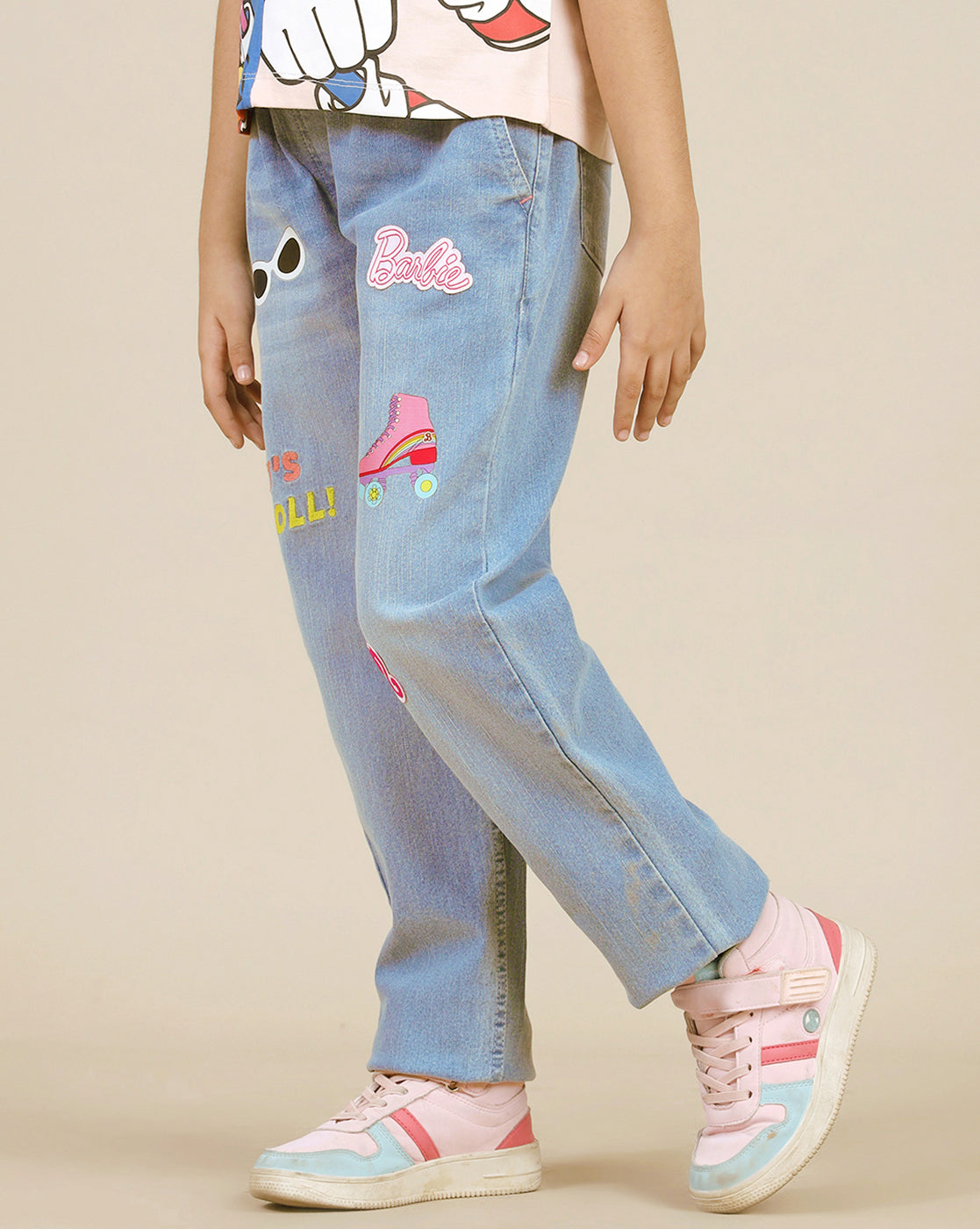 Barbie Printed Denim Jogger For Girls