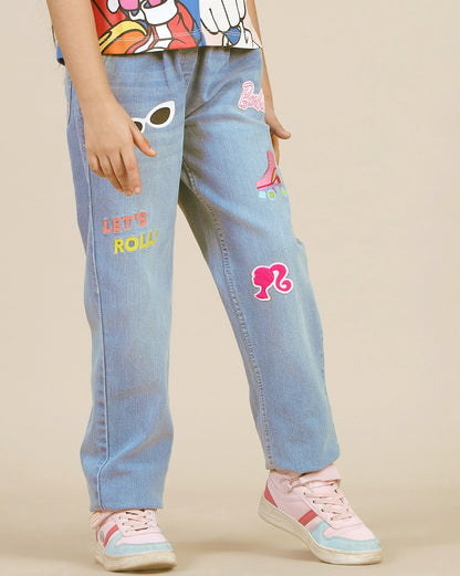 Barbie Printed Denim Jogger For Girls